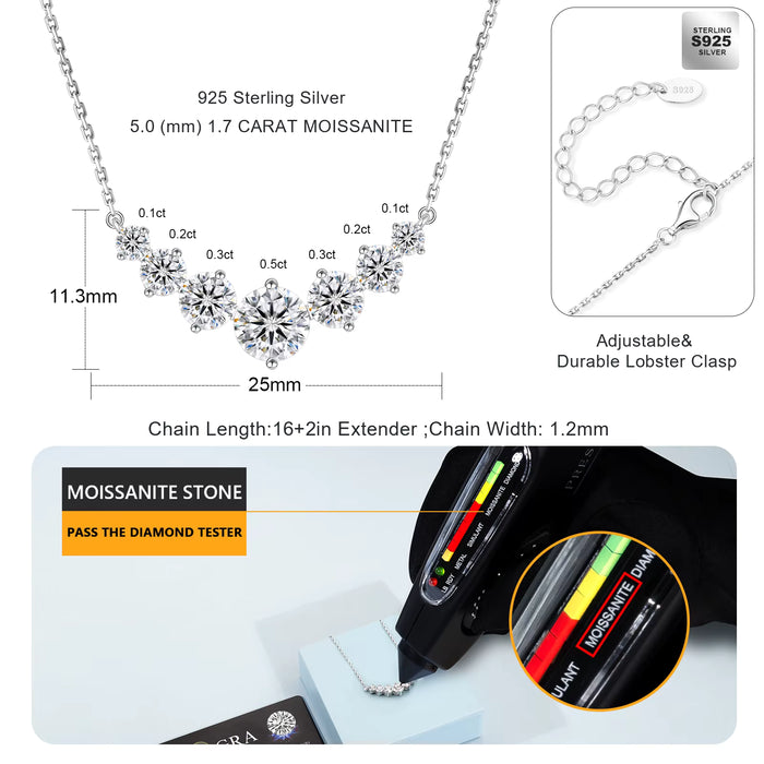 5.0CT Five-Stone Graduated Moissanite Bar Necklace | 14K White Gold Vermeil