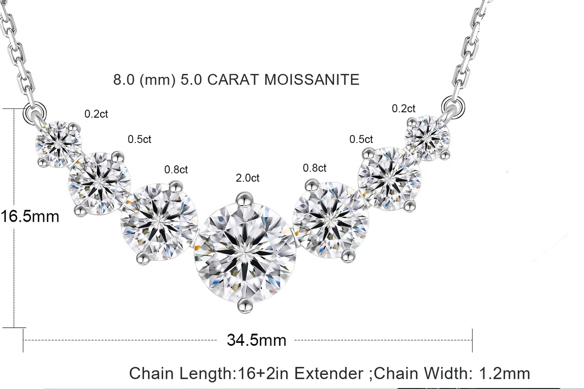Silver-tone moissanite necklace with six starburst-shaped stones, shown with dimension labels and a close-up inset demonstrating a moissanite tester tool.