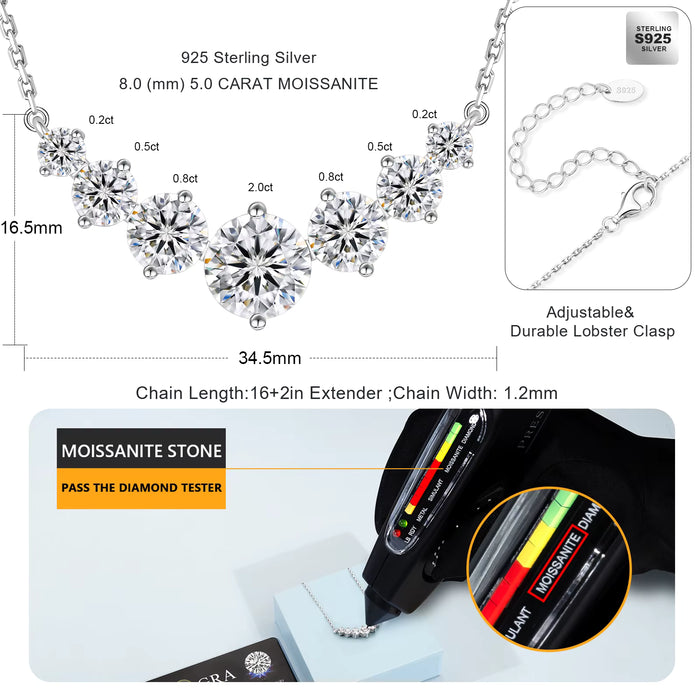 5.0CT Five-Stone Graduated Moissanite Bar Necklace | 14K White Gold Vermeil