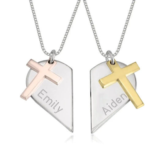 Couples heart necklace with cross personalized matching pendant