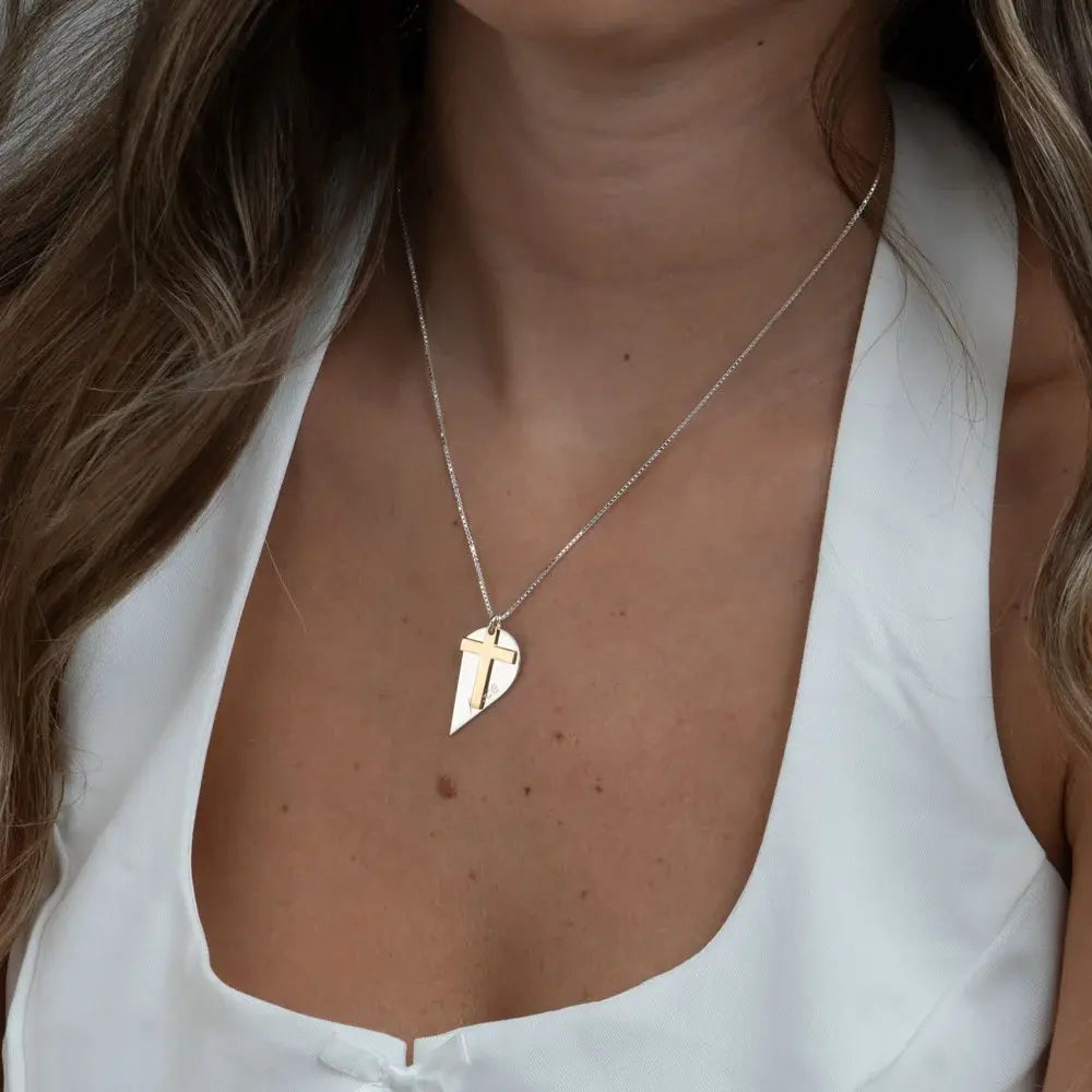 Couples heart necklace with cross personalized matching pendant