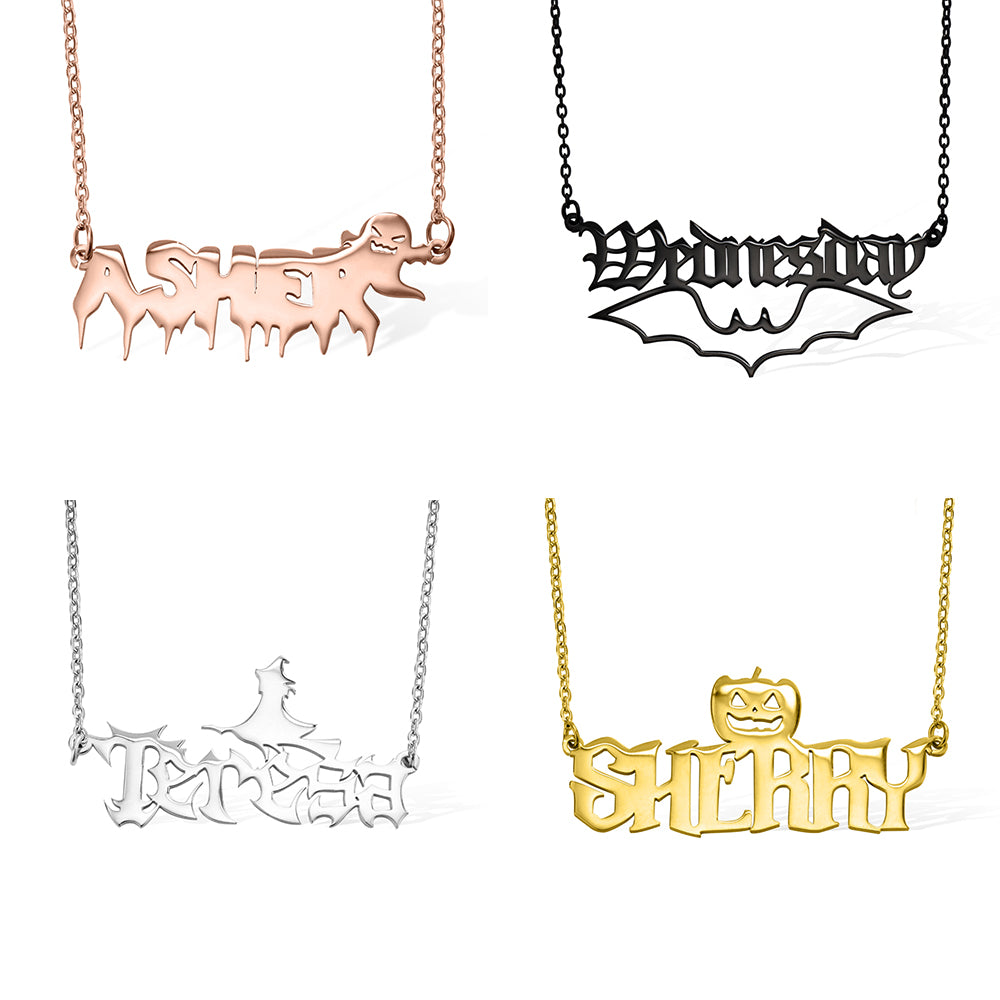 Custom Name Necklace Gothic Jewelry, Wednesday Necklace W for Girls/Women, Ghost Pumpkin Witch Style, Dainty Pendant, Halloween Gift