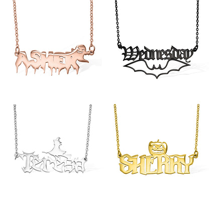 Custom Name Necklace Gothic Jewelry, Wednesday Necklace W for Girls/Women, Ghost Pumpkin Witch Style, Dainty Pendant, Halloween Gift