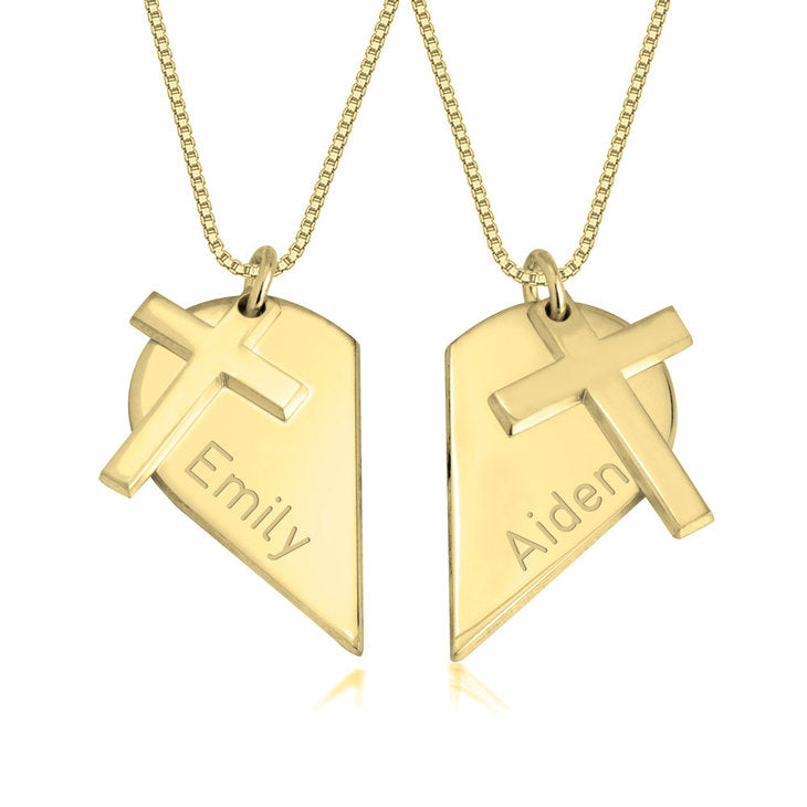 Couples heart necklace with cross personalized matching pendant