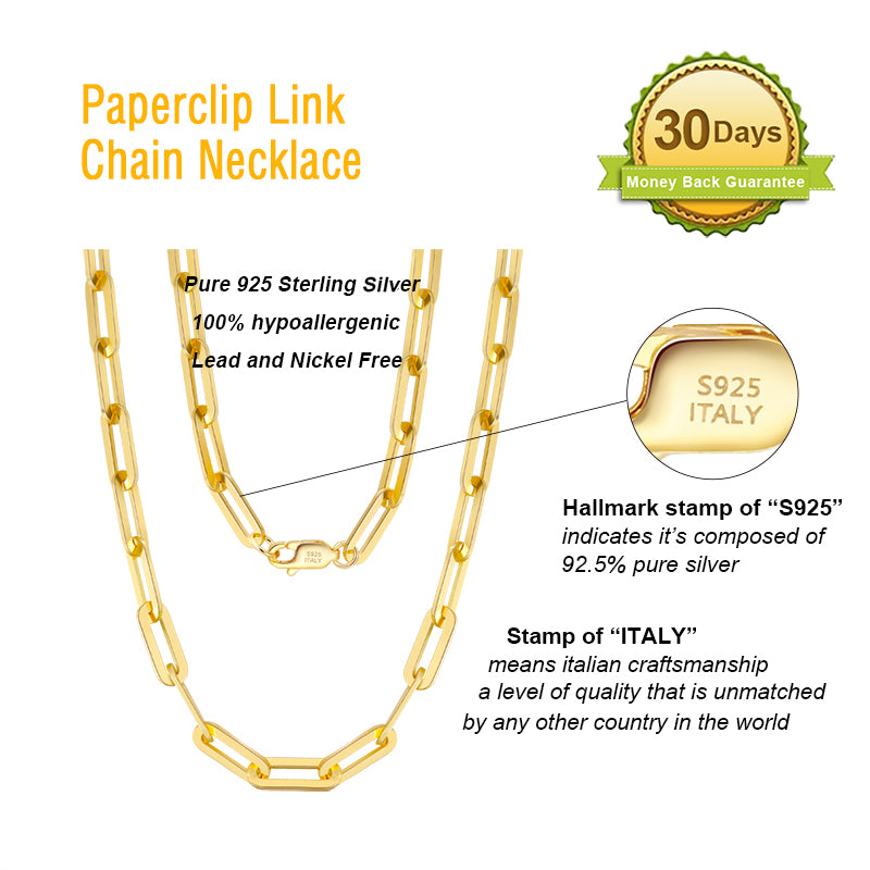 14K GOLD VERMEIL 3MM PAPERCLIP LINK CHAIN NECKLACE
