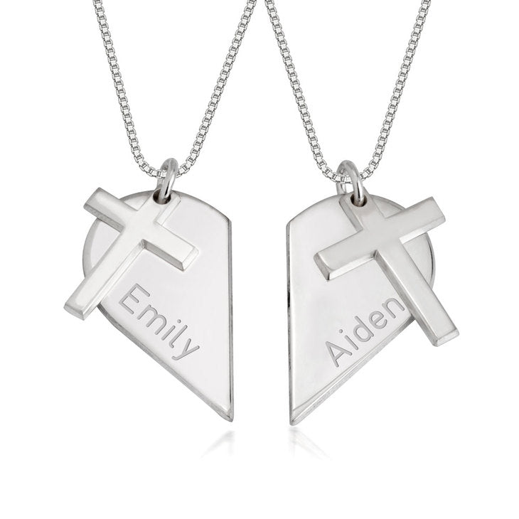 Couples heart necklace with cross personalized matching pendant