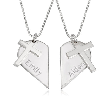 Couples heart necklace with cross personalized matching pendant