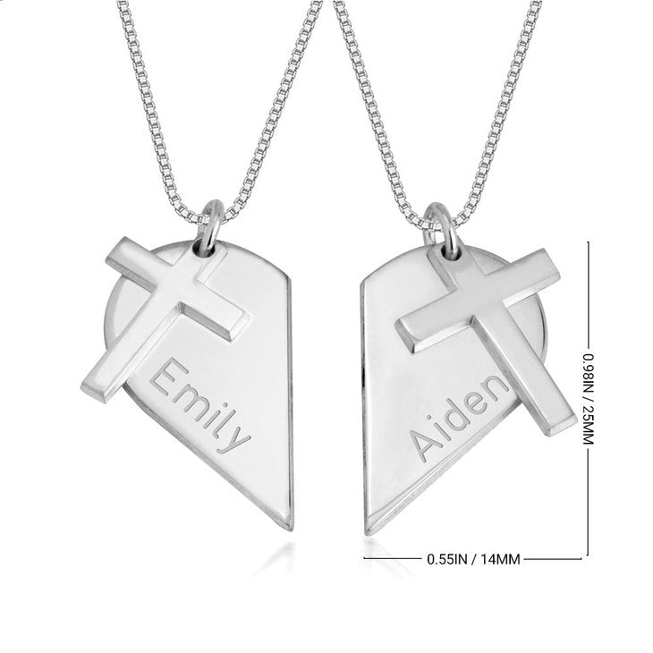 Couples heart necklace with cross personalized matching pendant